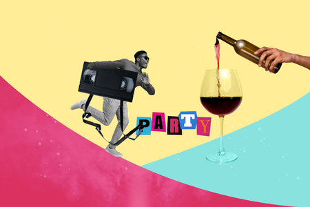 3D photo collage trend artwork composite sketch image of young black white man hold in hand music tape hurry for party drink wine glassの写真素材