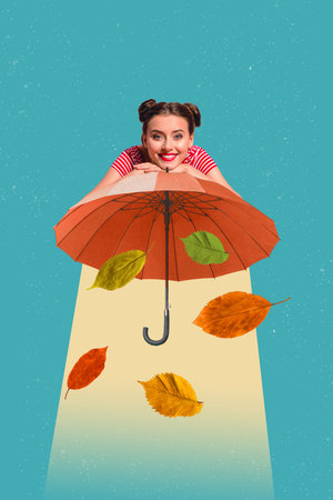 3D photo collage composite trend artwork sketch image of young smiled lady sit on huge umbrella with fallen Autumn season leaves fly downの写真素材