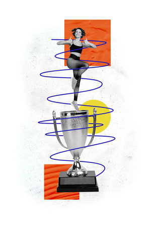 Vertical graphics collage image of happy joyful girl athlete get first place cup pedestal competition match victory isolated on white color backgroundの写真素材