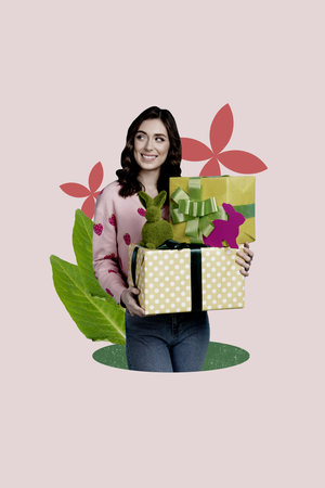 Collage poster greeting image of cheerful attractive girl hold buy gifts spring time festive event...