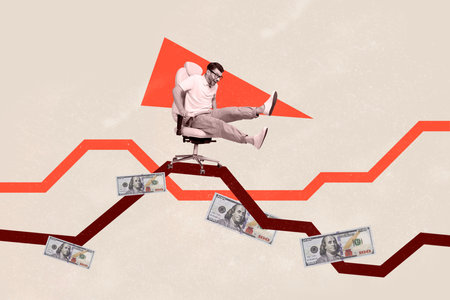 Composite photo collage of excited guy ride chair promotion forward career chance money rich dollars cash isolated on painted backgroundの写真素材