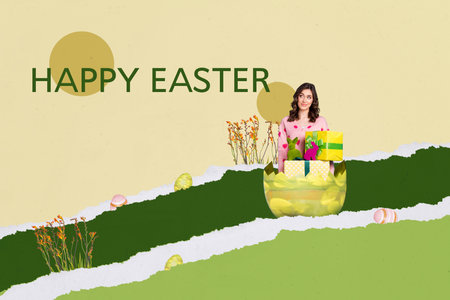 Composite photo collage of happy girl peek easter egg shell hunt grass topiary gift bunny easter...