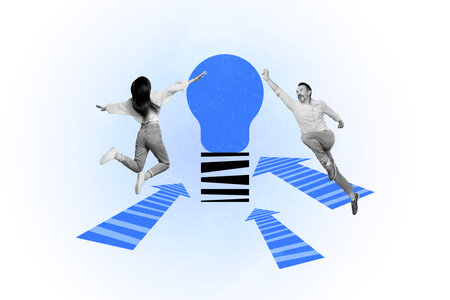 Creative photo collage picture two young workers man woman reach jump lamp lightbulb successful plan...