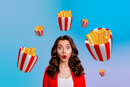 Creative picture photo young astonished gorgeous woman blow lips potato fries junk fastfood lunch nutrition meal drawing backgroundの写真素材