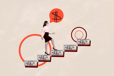 Composite collage image of serious businesswoman step career ladder money dollars income career up success isolated on painted backgroundの写真素材