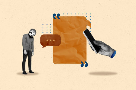 Creative collage picture young headless man animal sleepy head face textbox message reply bubble smartphone app messengerの写真素材