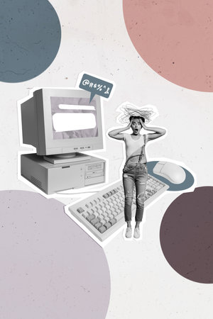 Collage artwork image of worried nervous stressed girls hand touch head omg software system error panic isolated on drawing backgroundの写真素材