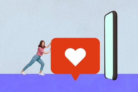 Sketch image composite trend artwork 3D photo collage of young blogger lady push notification heart...