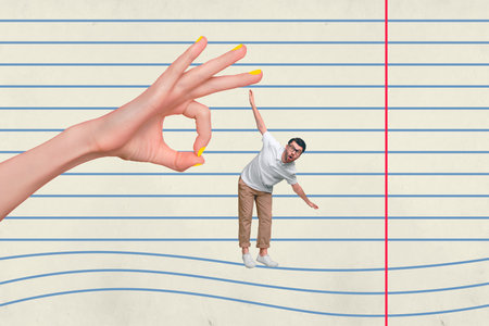 Collage image of brave guy with open hands fighting against big hand isolated on striped backgroundの写真素材