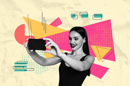 Collage image artwork of charming lovely adorable cheerful girl recording video shooting isolated on creative drawing backgroundの写真素材