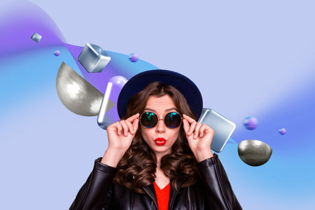 Creative collage gorgeous stylish girl blow lips red lipstick cap leather jacket precious jewelry...