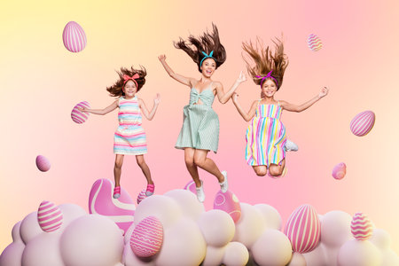 Creative collage image young woman jumping kids teens girls family together holiday celebration easter concept spring traditionの写真素材