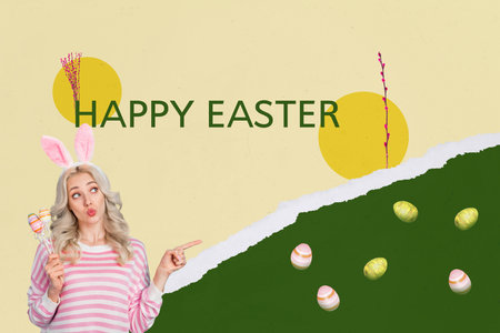 Creative photo collage of funny girl wear bunny ears hold easter egg hunt grass game player hill spring isolated on colorful backgroundの写真素材