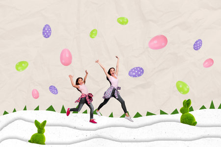 Creative photo collage of funny mother daughter run easter egg hunt game topiary snow melt tradition...
