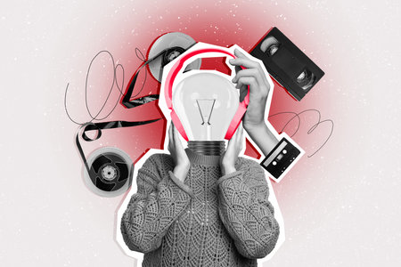 Composite photo collage of human instead head light bulb listen music headphones device tape cassette retro isolated on painted backgroundの写真素材