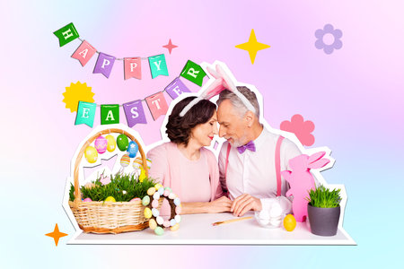 Creative photo collage retired couple husband wife celebrate party happy easter love kissing rabbit ears basket colorful eggs symbolの写真素材