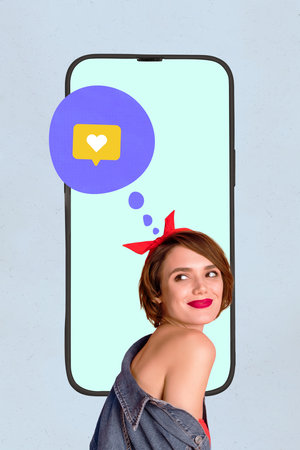 Magazine picture collage image of dreamy lady enjoying getting  device likes isolated blue color backgroundの写真素材
