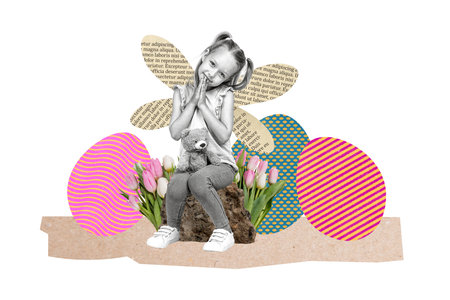 Creative collage photo picture sitting young cute small children girl toy bear ground beauty tulips easter concept celebrationの写真素材