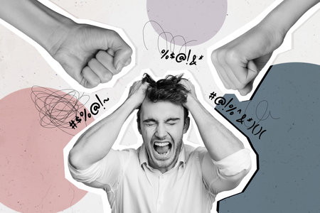 Composite photo collage of tired businessman headache hands fist attack hate abuse failure problem...