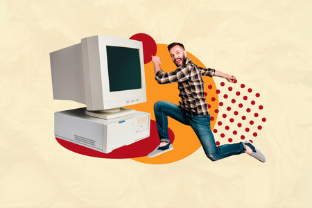 Trend artwork composite sketch image 3D photo collage of happy smiled posing guy work in office remote distance from home good moodの写真素材