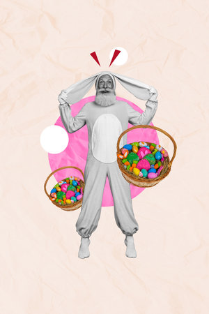 Vertical photo collage of funny grandfather wear bunny costume ears hold basket hunt game easter tradition isolated on painted backgroundの写真素材