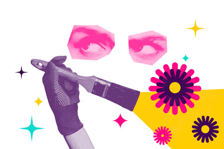 Creative photo collage face cutout element pink eyes fragment arm glove hand professional hold brush color paint drawing backgroundの写真素材