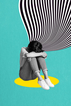 3D photo collage trend artwork composite sketch image of young sad melancholy lady outsider have...