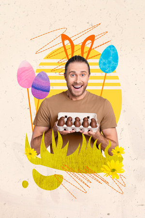 Image brochure collage of cheerful positive handsome man hands holding delicious candies egg tray...