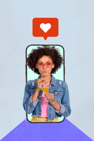 Photo collage artwork minimal picture of excited lady getting instagram twitter telegram facebook...
