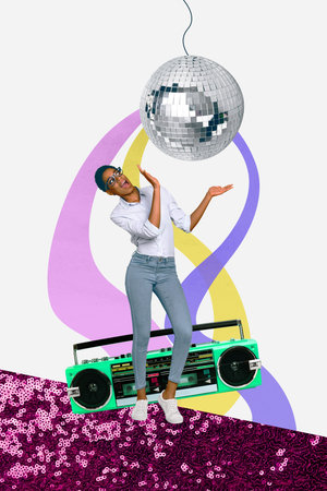 Sketch image trend artwork 3D photo collage of young attractive lady dance at huge vintage boombox...