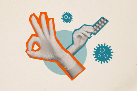 Composite trend artwork sketch image 3d photo collage of huge black white silhouette hand show okay symbol small hand hold tablet blister virus strain fly aroundの写真素材