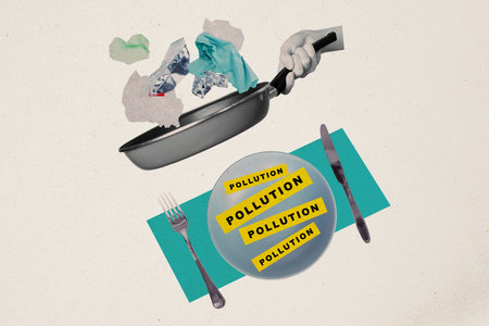 Abstract creative collage trash frying in pan human eats garbage polluted planet environmen...