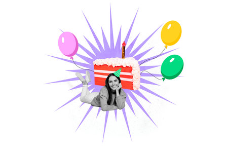 Composite collage picture of mini positive girl big birthday cake balloons isolated on creative...