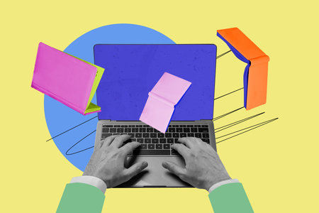 Composite trend artwork sketch image 3D collage of huge laptop blue screen device hand hacker specialist hold on keyboard attack softwareの写真素材