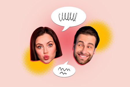Collage image of two people heads toothy smile pouted lips kiss dialogue bubble conversation...