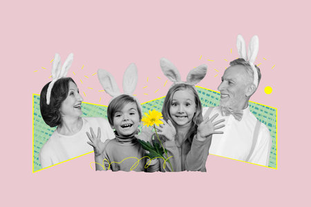 Collage picture banner of happy cheerful family celebrate easter day good mood festive event spring isolated on drawing backgroundの写真素材
