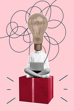 Sketch image composite trend artwork 3D photo collage of clever headless lamp bulb instead student...
