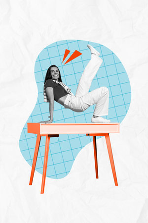 Vertical photo collage of happy girl stand plank table desk dancer trick stylish joy carefree party...
