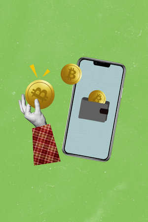 Creative vertical collage picture smartphone bitcoin hand collect savings wallet crypto funds...