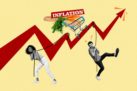 Composite trend artwork sketch image 3D photo collage of huge red crisis arrow go high inflation...