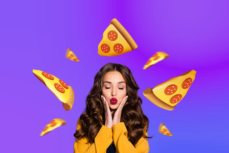 Creative picture collage young gorgeous thinking lady red lips dream burger sandwich lunch nutrition choose drawing backgroundの写真素材