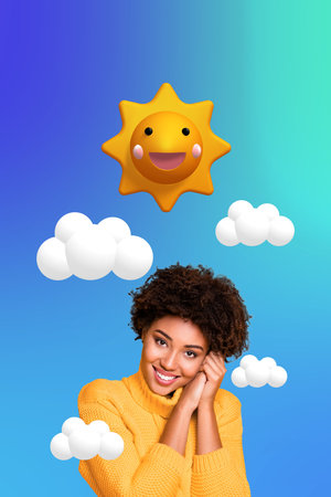 Vertical creative collage picture young happy comfort cosyness girl carefree sun sky dream...