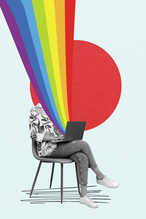 Photo collage artwork minimal picture of lady typing modern device rainbow cover face isolated graphical backgroundの写真素材