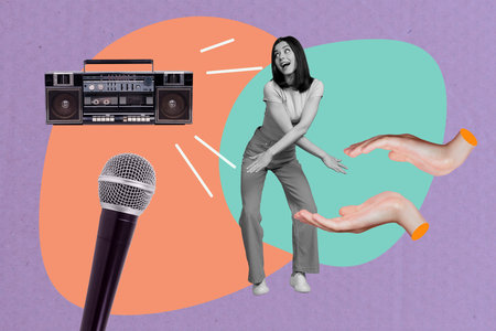 Creative collage picture young happy energetic dancing girl have fun karaoke bar microphone singer performance 3d hands applaud boomboxの写真素材