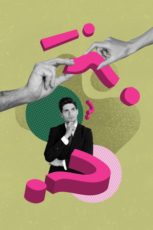 Vertical picture collage young minded man questioned find answer solve dilemma human hands share...