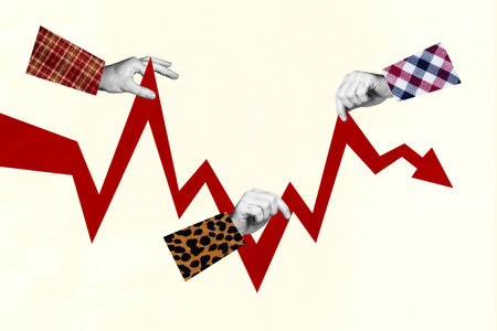 Composite photo collage of hands hold chart arrow statistics up down graph partnership colleagues...