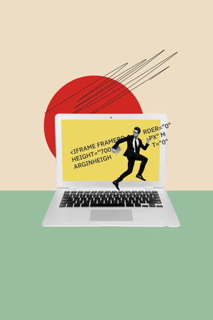 Trend artwork composite sketch image 3D photo collage of young office manager run from tasks on huge laptop coding programmerの写真素材