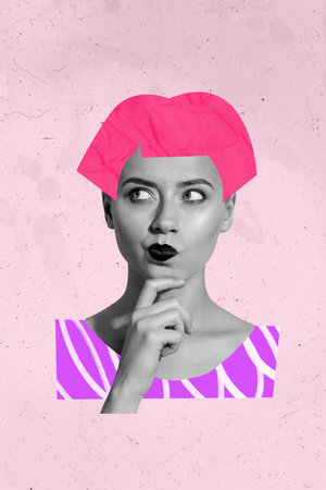 Vertical image collage of thoughtful serious young girl doubts pose short haircut pink hair fashion model show isolated on painted backgroundの写真素材