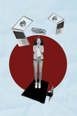 Trend artwork sketch image composite 3D photo collage of young lady hold hand on face stand on huge monitor fly laptops with looking eyeの写真素材