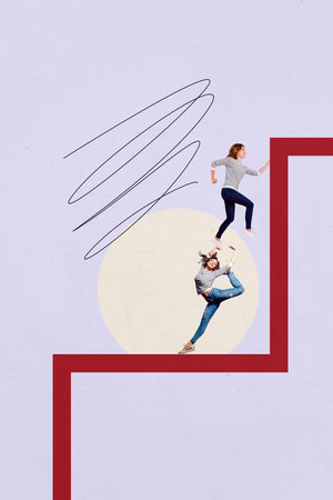 Composite sketch image artwork photo collage of young lady hardworking climb achieve goal high results lazy colleague dance have restの写真素材
